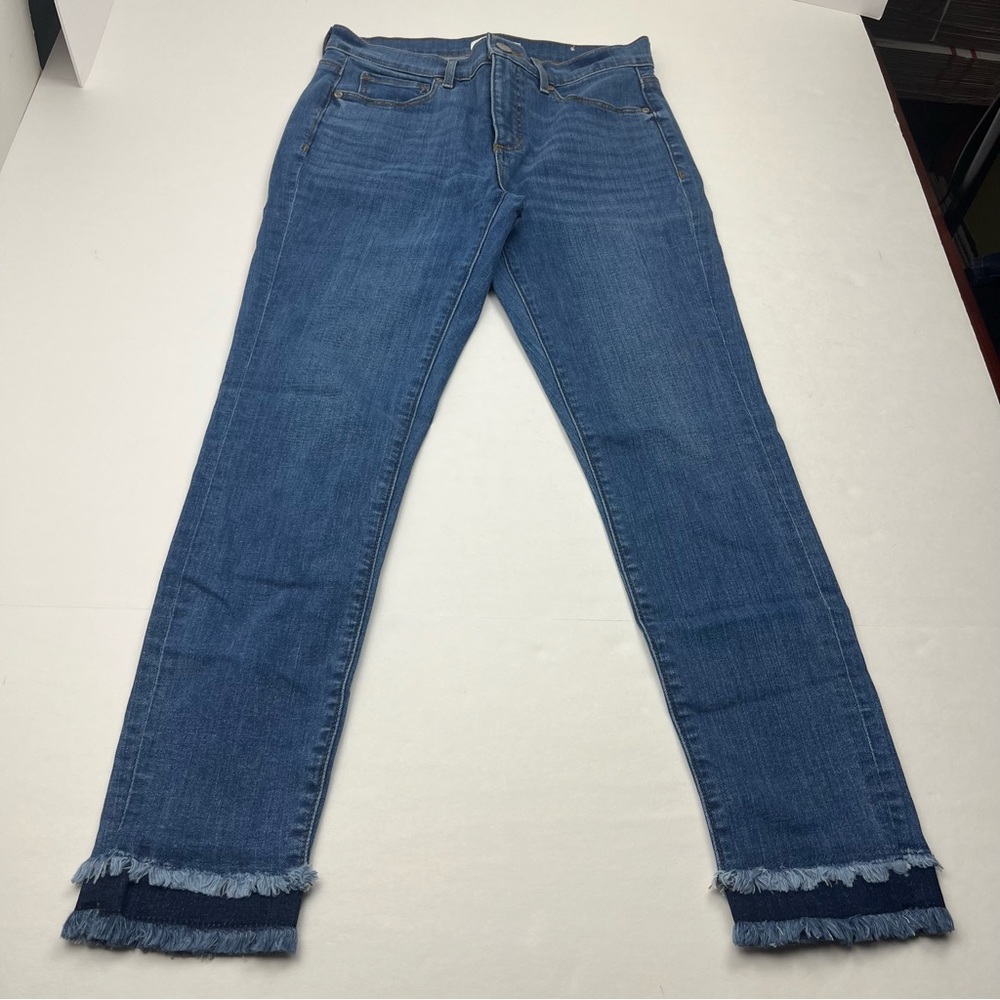 Loft Women SZ 27 / 4 Blue Denim Skinny Jean Frayed Hem Stretch Sustainable Style